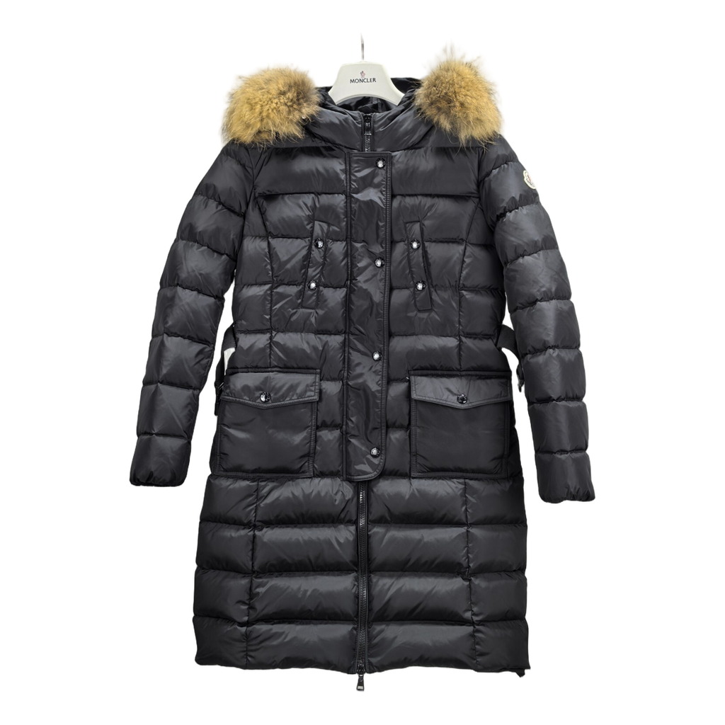 Moncler Four-Pocket Fur-Trim Hooded Long Puffer Coat in Black