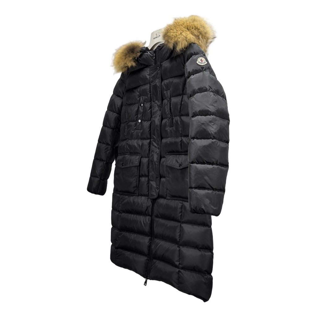 Moncler Four-Pocket Fur-Trim Hooded Long Puffer Coat in Black