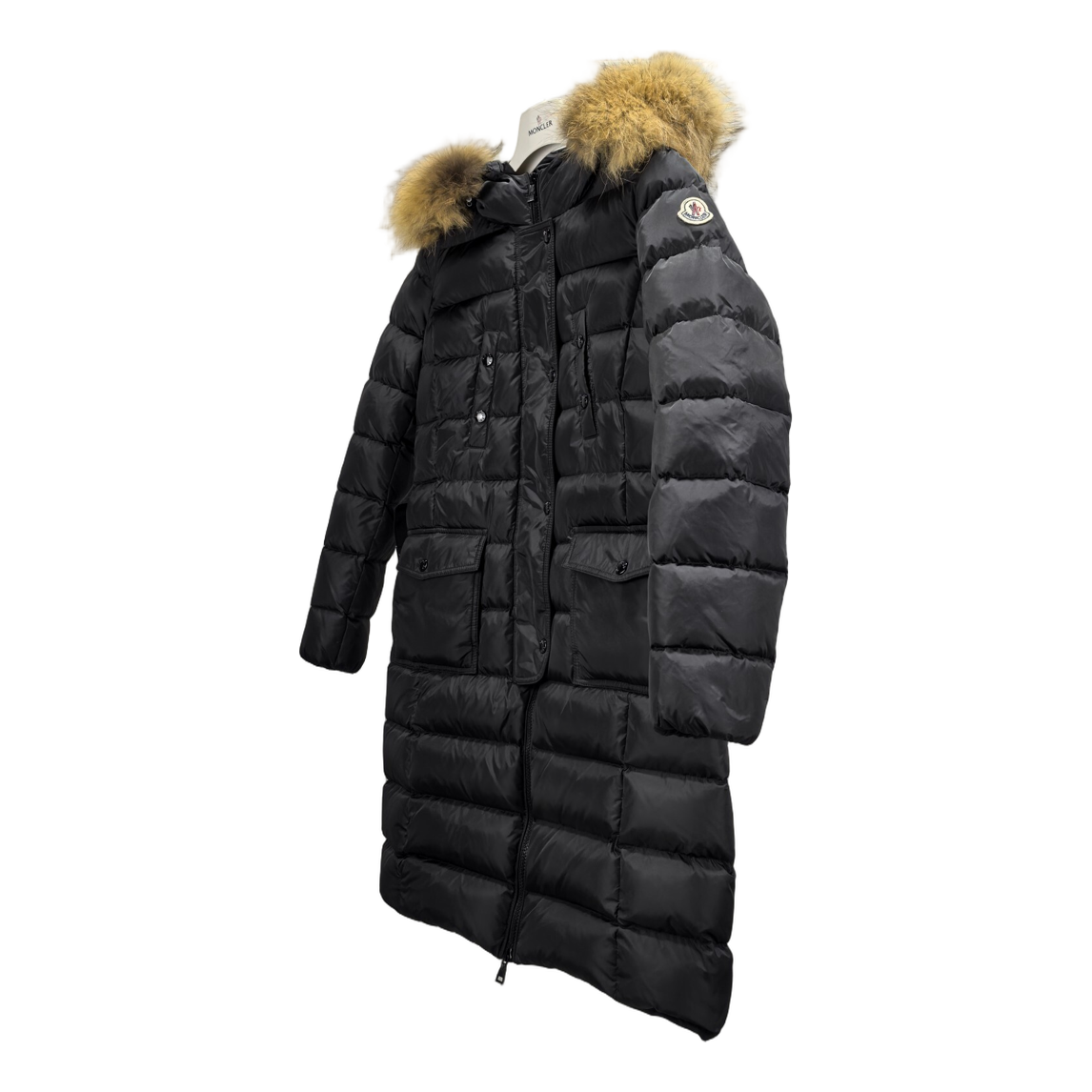 Moncler Four-Pocket Fur-Trim Hooded Long Puffer Coat in Black
