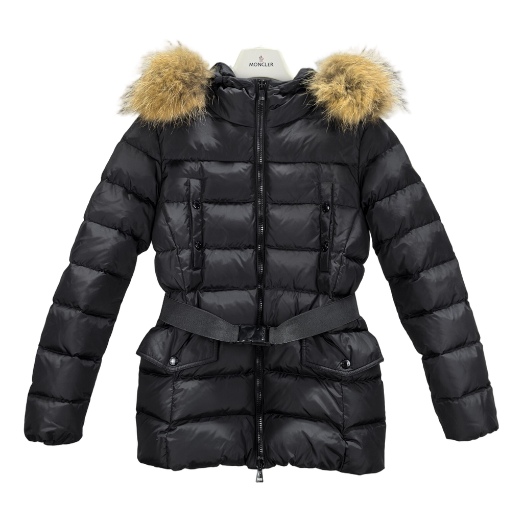 Moncler Four-Pocket Belted Fur-Trim Puffer Jacket in Black