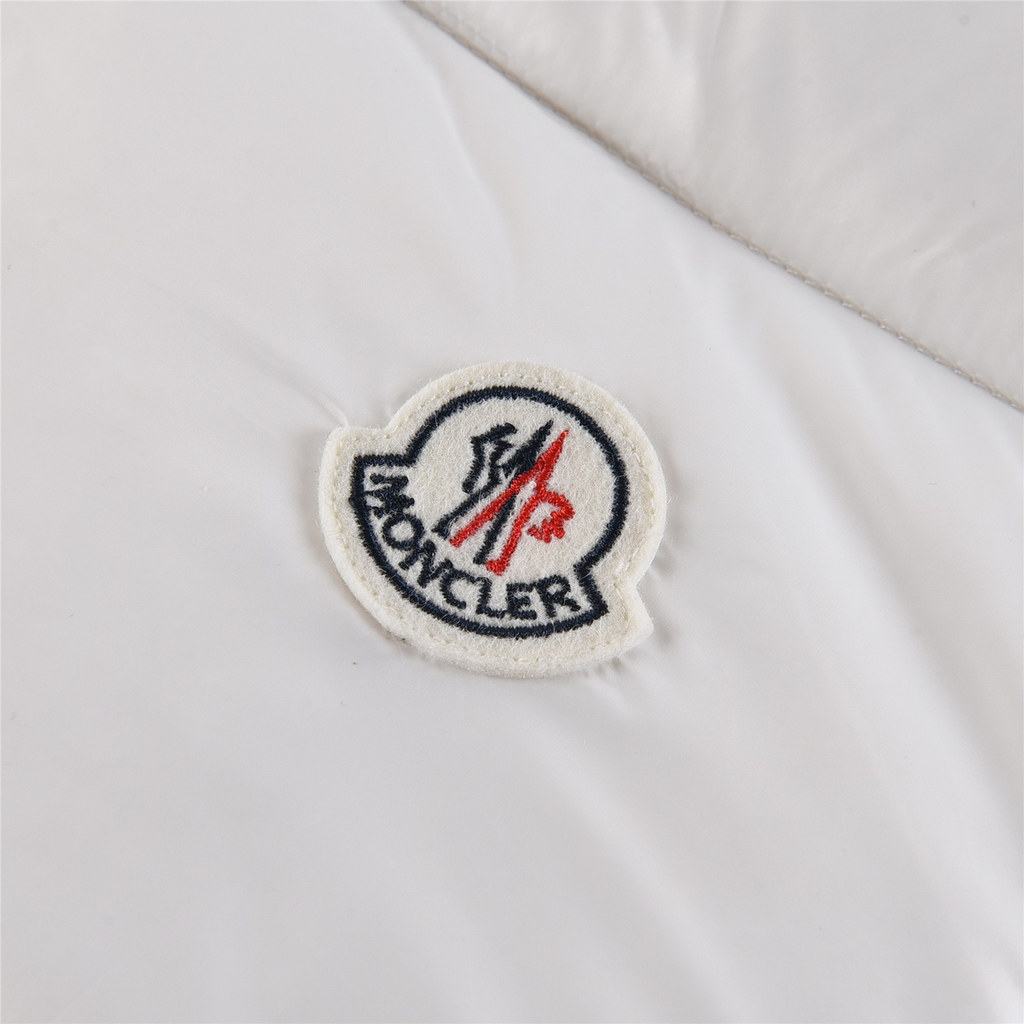 Moncler Hooded Down Jacket in White with Tricolor Sleeve Stripe