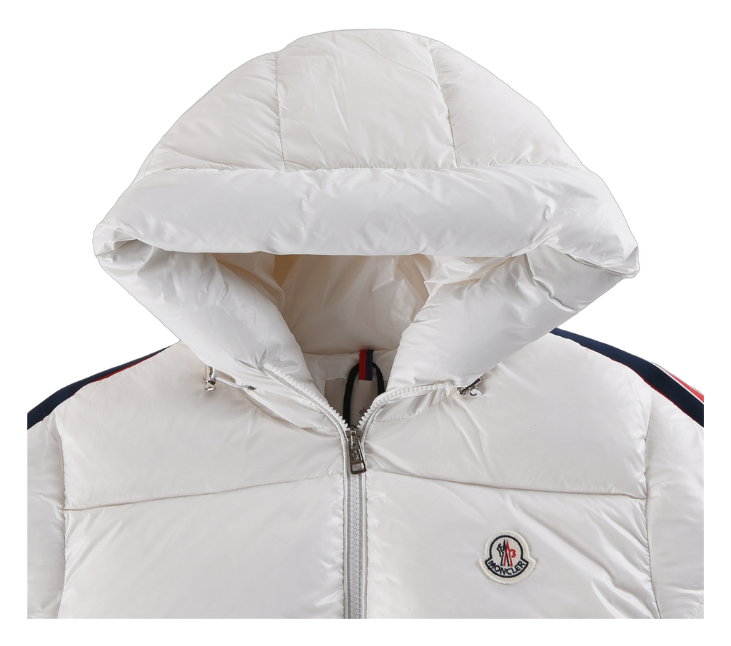 Moncler Hooded Down Jacket in White with Tricolor Sleeve Stripe