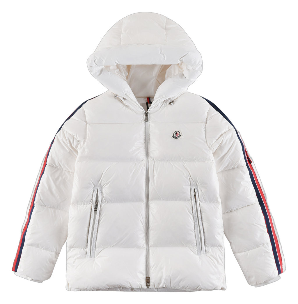 Moncler Hooded Down Jacket in White with Tricolor Sleeve Stripe