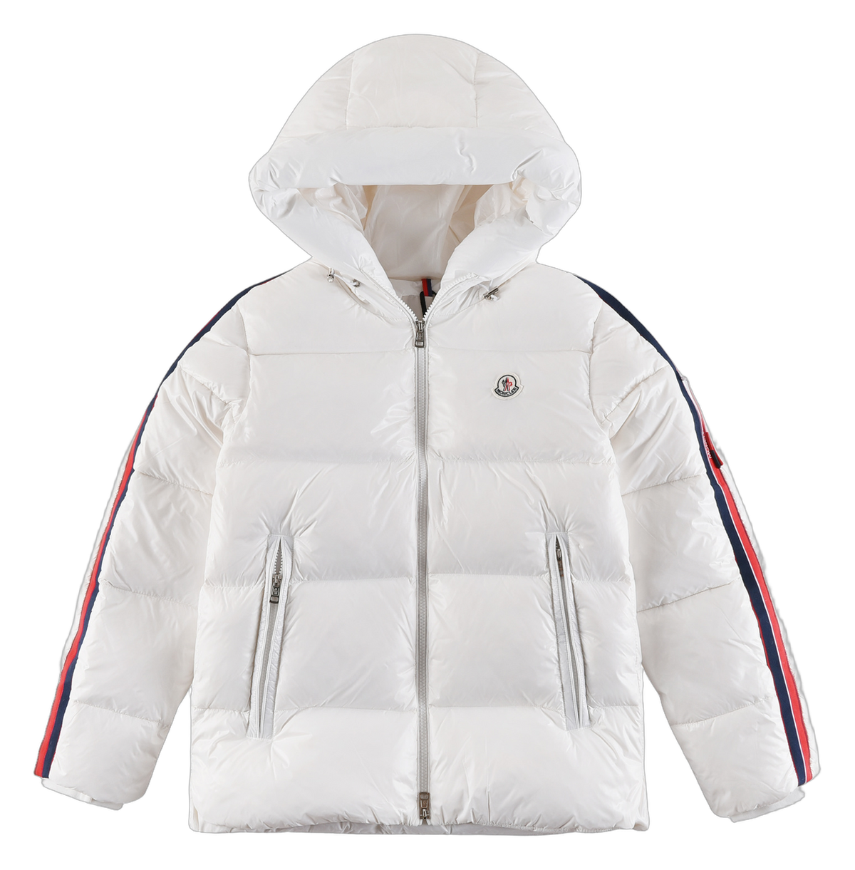 Moncler Hooded Down Jacket in White with Tricolor Sleeve Stripe