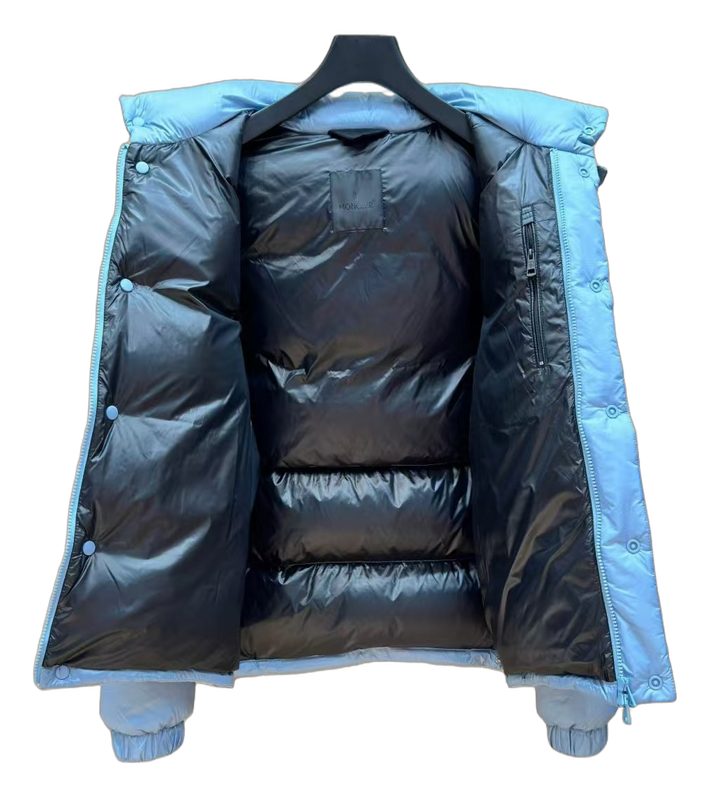 Moncler Hooded Down Jacket in Ice Blue with Orange Badge