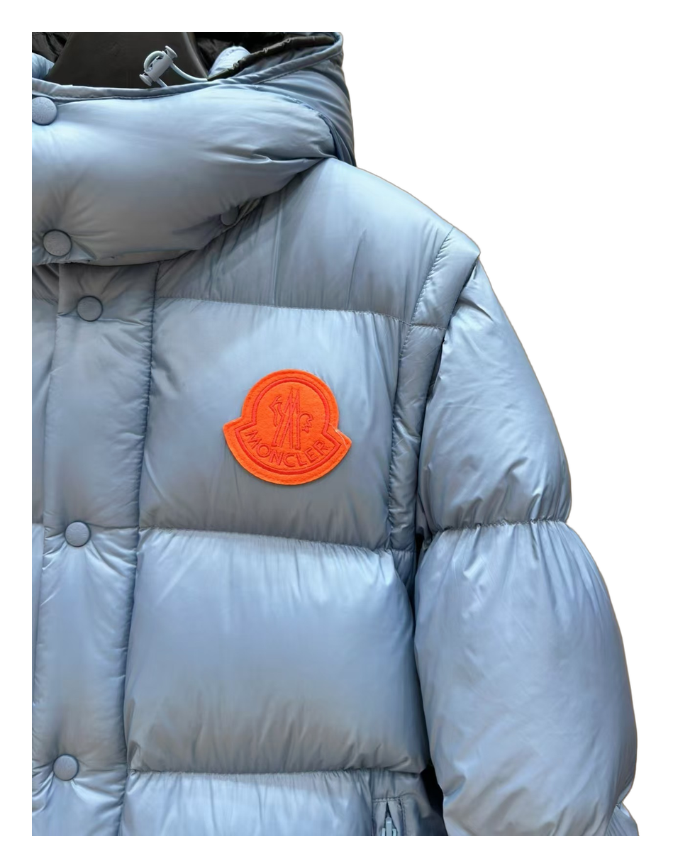Moncler Hooded Down Jacket in Ice Blue with Orange Badge