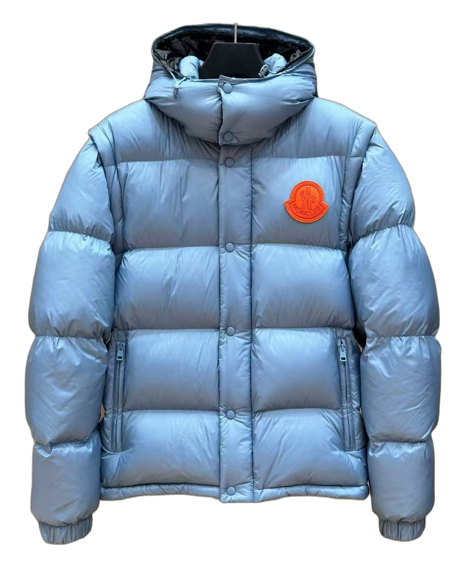 Moncler Hooded Down Jacket in Ice Blue with Orange Badge