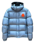 Moncler Hooded Down Jacket in Ice Blue with Orange Badge