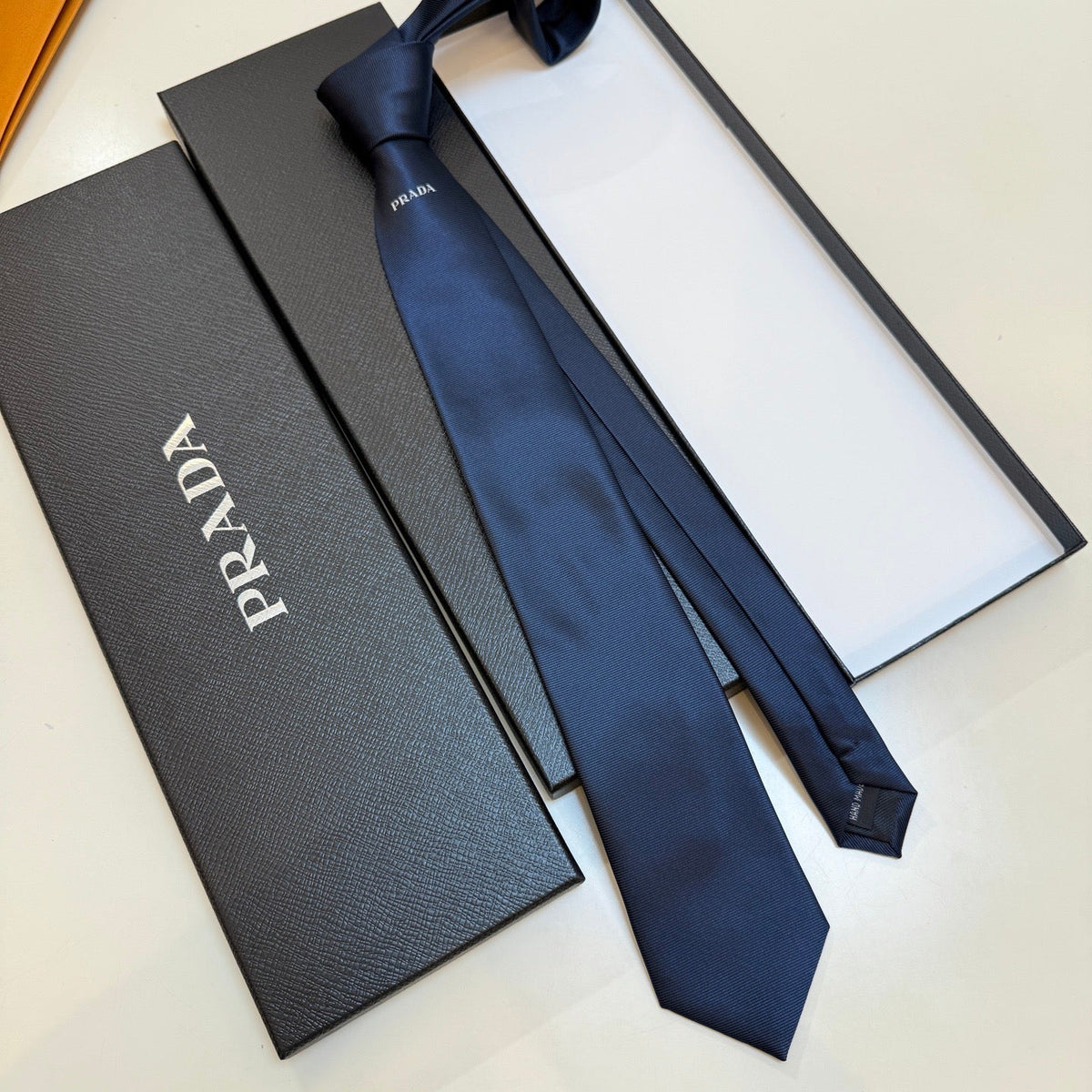 Prada Style Men's Minimal Logo Silk Tie