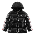 Moncler Glossy Hooded Down Jacket with Tricolor Sleeve Stripe