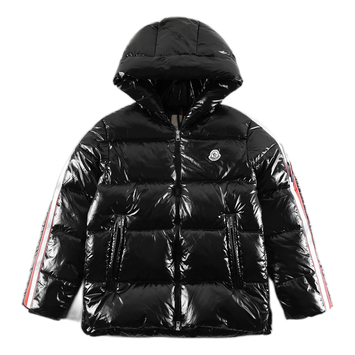 Moncler Glossy Hooded Down Jacket with Tricolor Sleeve Stripe
