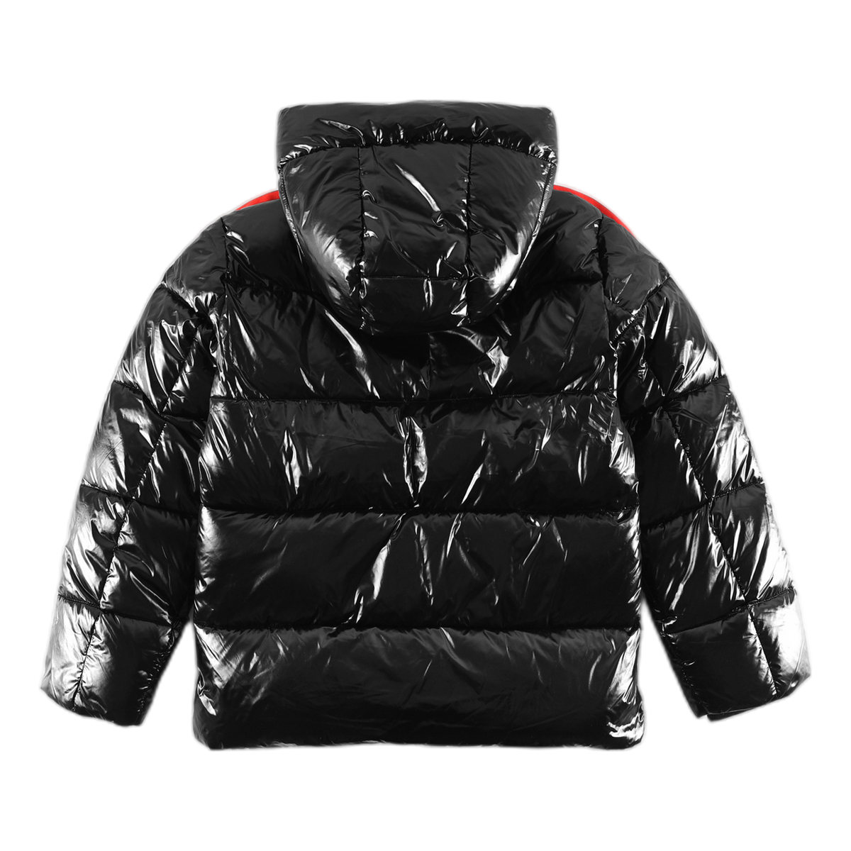 Moncler Glossy Hooded Down Jacket with Tricolor Sleeve Stripe