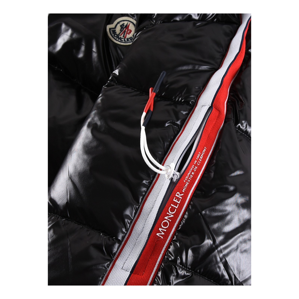 Moncler Glossy Hooded Down Jacket with Tricolor Sleeve Stripe