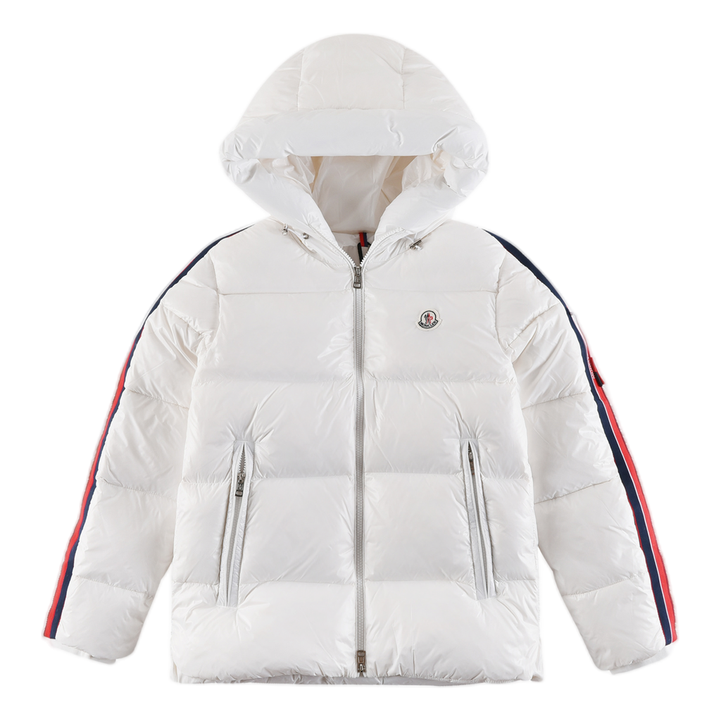 Moncler Glossy Hooded Down Jacket with Tricolor Sleeve Stripes