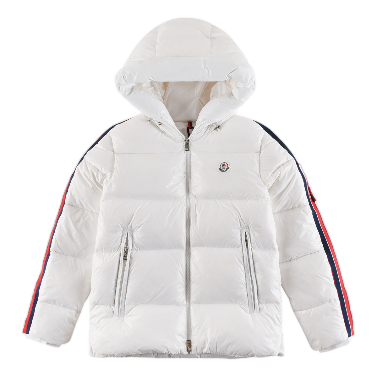Moncler Glossy Hooded Down Jacket with Tricolor Sleeve Stripes