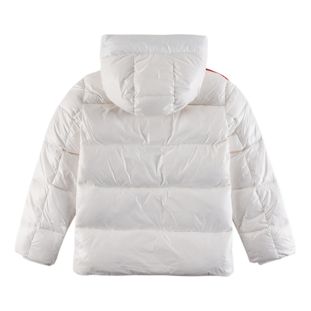 Moncler Glossy Hooded Down Jacket with Tricolor Sleeve Stripes