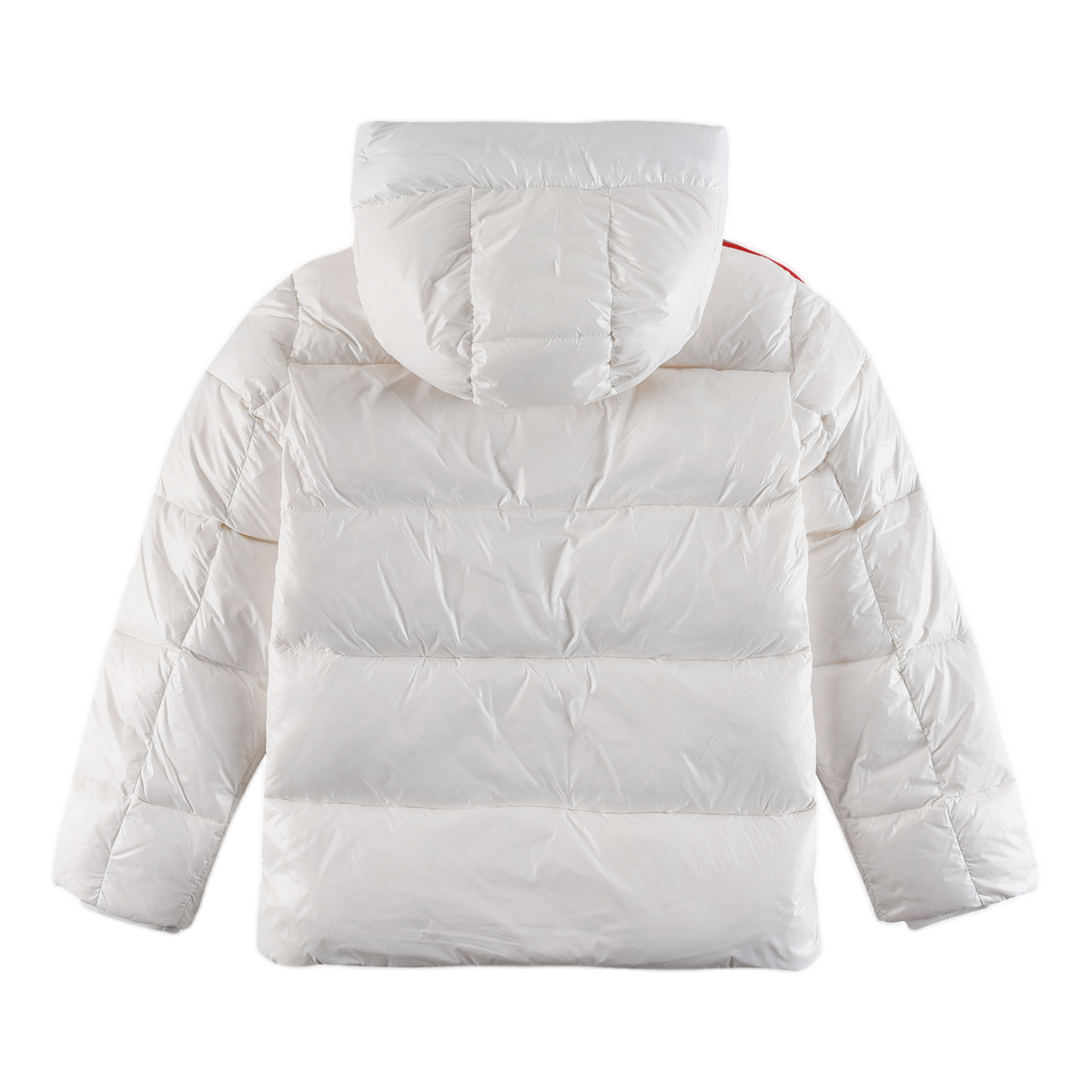 Moncler Glossy Hooded Down Jacket with Tricolor Sleeve Stripes