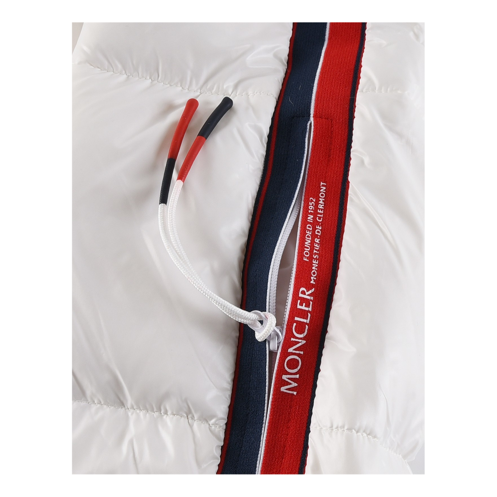 Moncler Glossy Hooded Down Jacket with Tricolor Sleeve Stripes