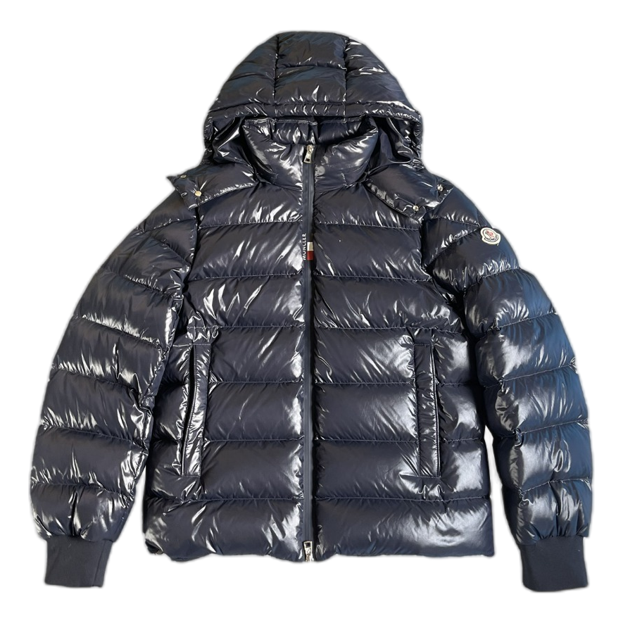 Moncler Glossy Logo-Zip Hooded Puffer Jacket in Navy