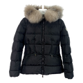 Moncler Cinched-Waist Down Puffer Jacket with Fur-Trimmed Hood - Black