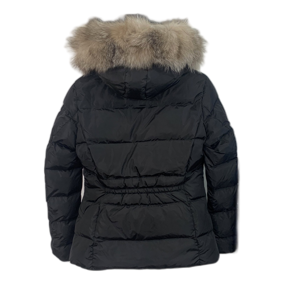 Moncler Cinched-Waist Down Puffer Jacket with Fur-Trimmed Hood - Black
