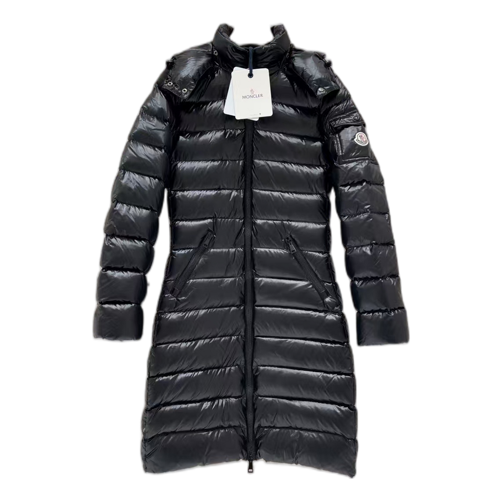 Moncler Narrow-Quilt Fur-Trim Hooded Long Down Coat in Black