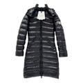 Moncler Narrow-Quilt Fur-Trim Hooded Long Down Coat in Black