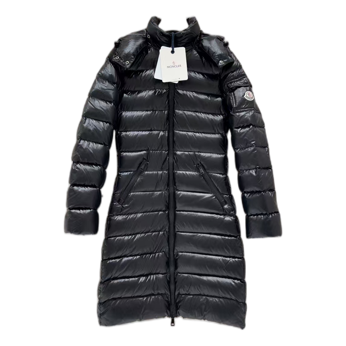 Moncler Narrow-Quilt Fur-Trim Hooded Long Down Coat in Black