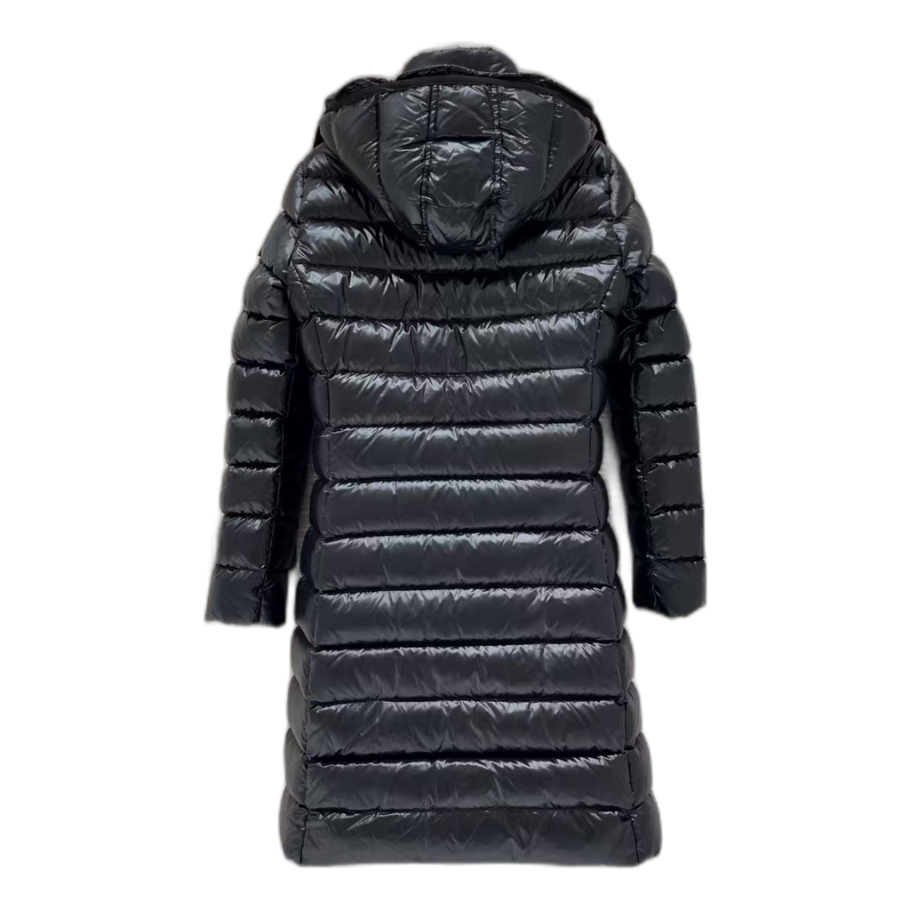 Moncler Narrow-Quilt Fur-Trim Hooded Long Down Coat in Black