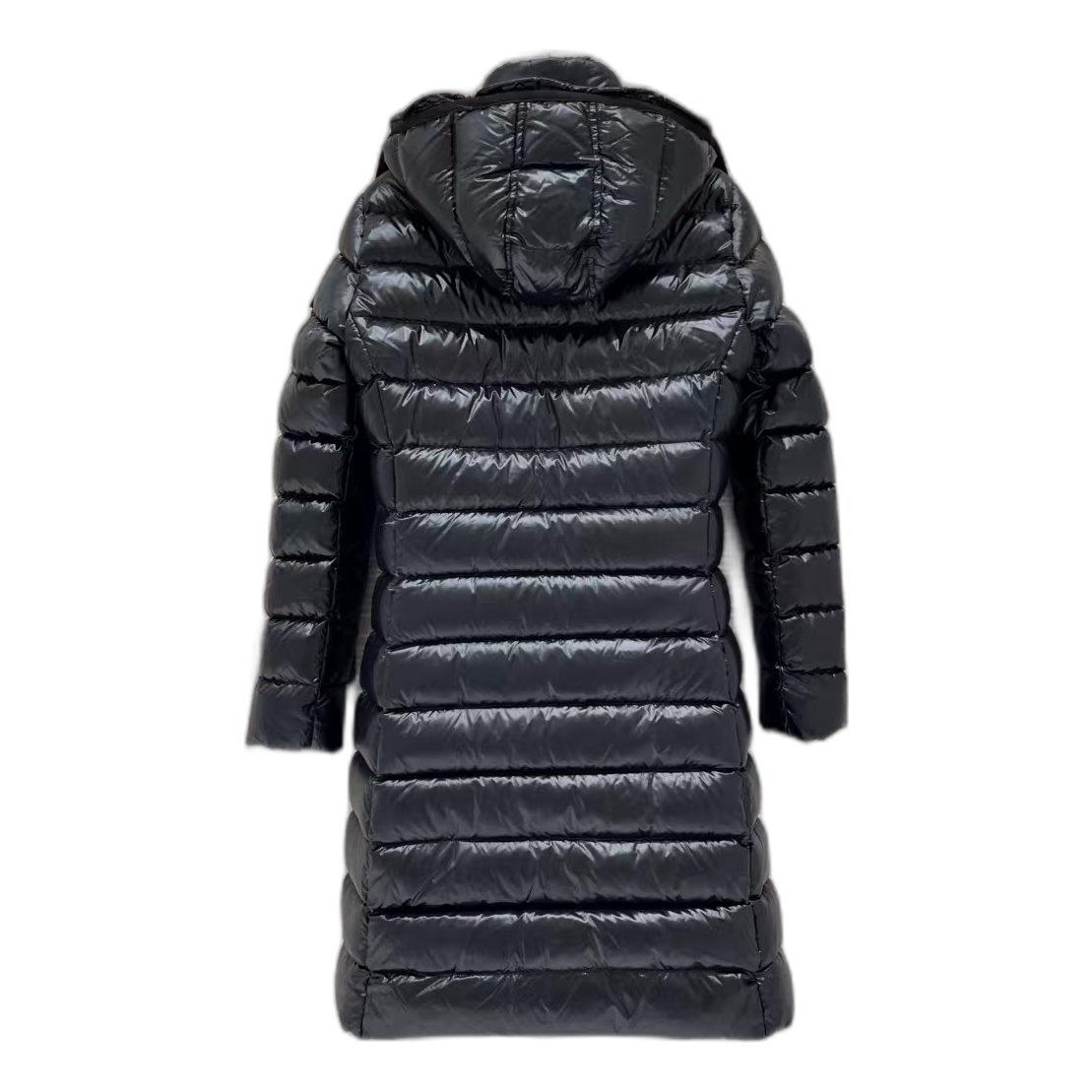 Moncler Narrow-Quilt Fur-Trim Hooded Long Down Coat in Black