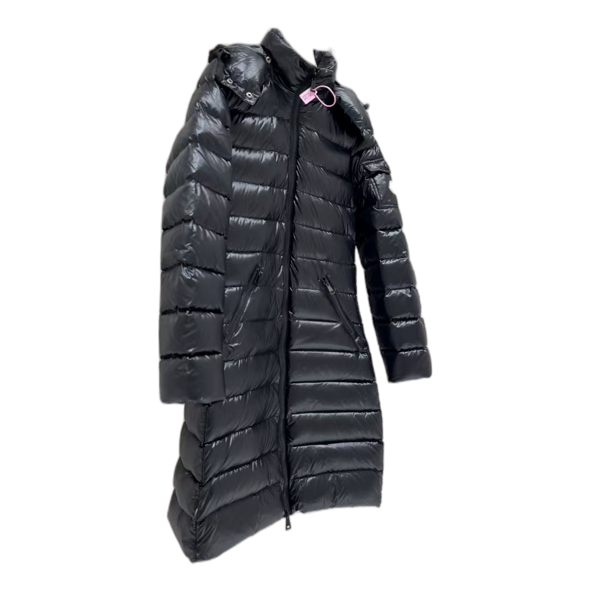 Moncler Narrow-Quilt Fur-Trim Hooded Long Down Coat in Black