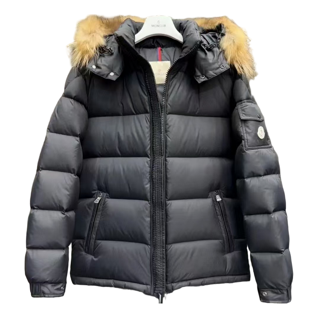 Moncler Fur-Trim Hooded Puffer Jacket in Black