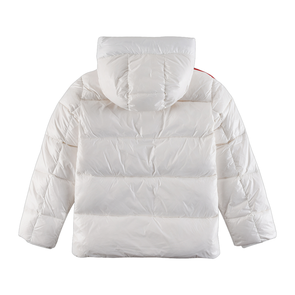 Moncler Hooded Down Jacket in White with Tricolor Sleeve Stripe