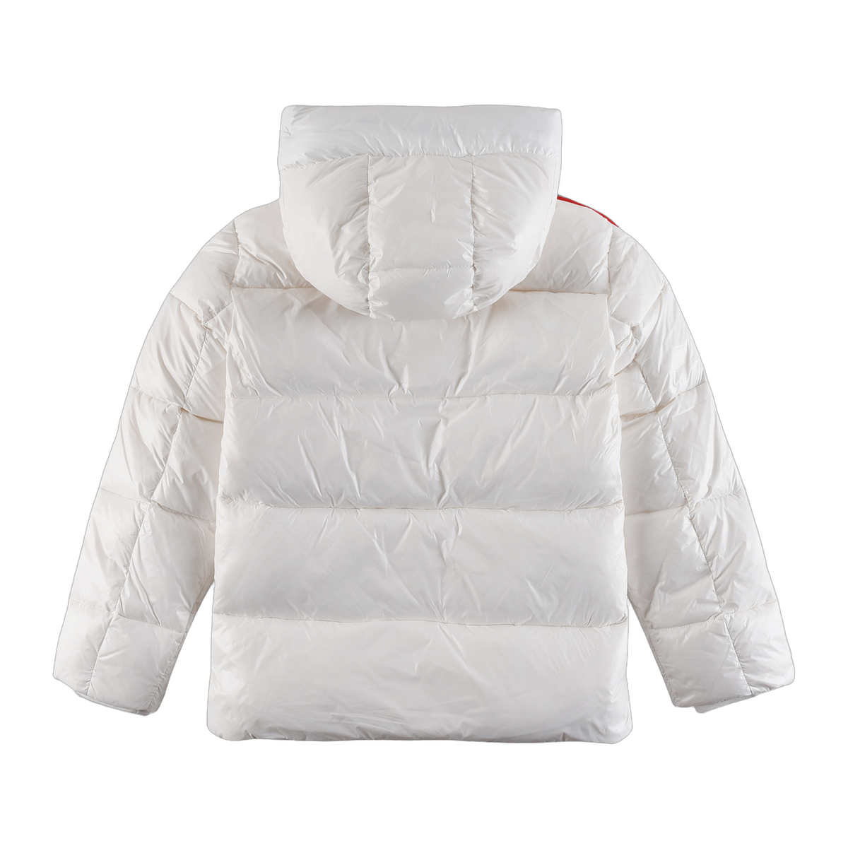 Moncler Hooded Down Jacket in White with Tricolor Sleeve Stripe