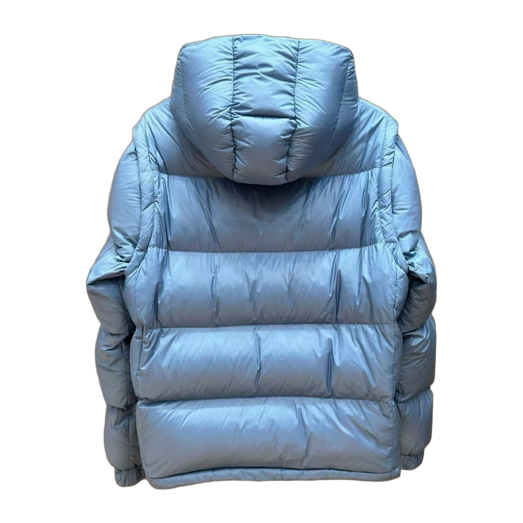 Moncler Hooded Down Jacket in Ice Blue with Orange Badge