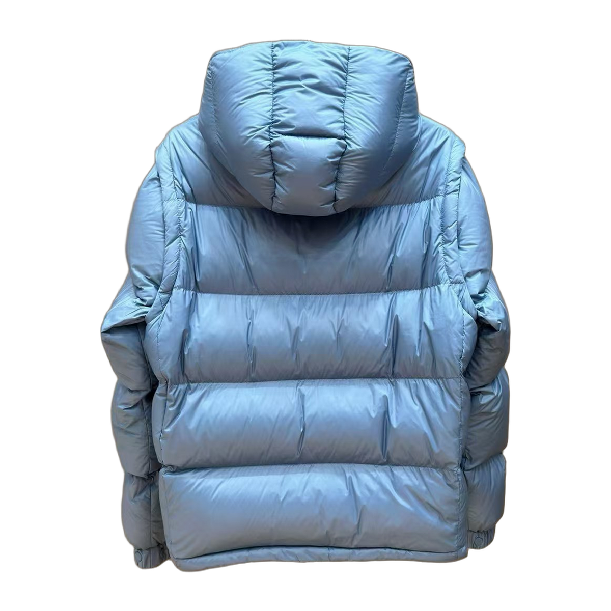 Moncler Hooded Down Jacket in Ice Blue with Orange Badge