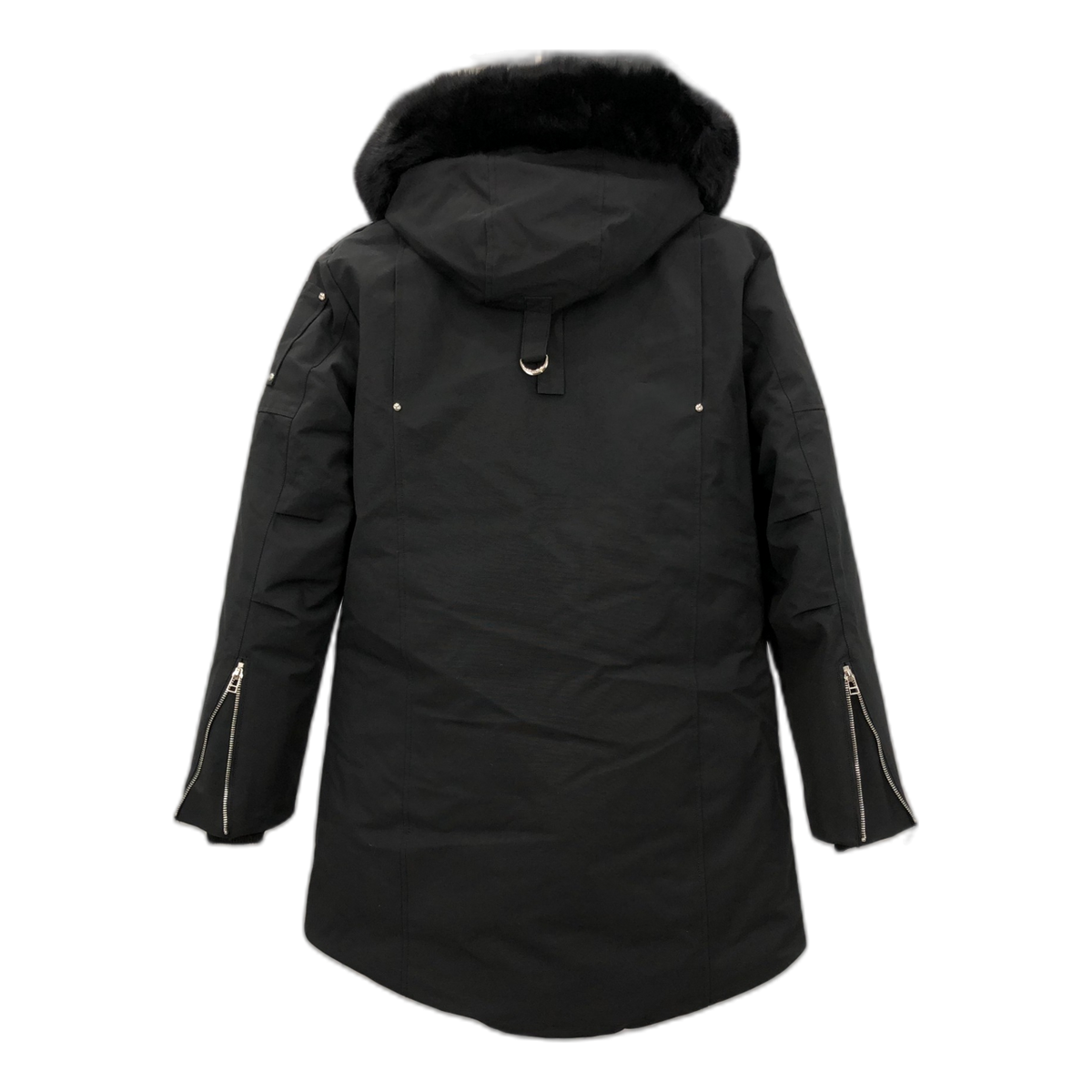 Moose Knuckles Curved-Hem Fur-Trim Down Parka in Black