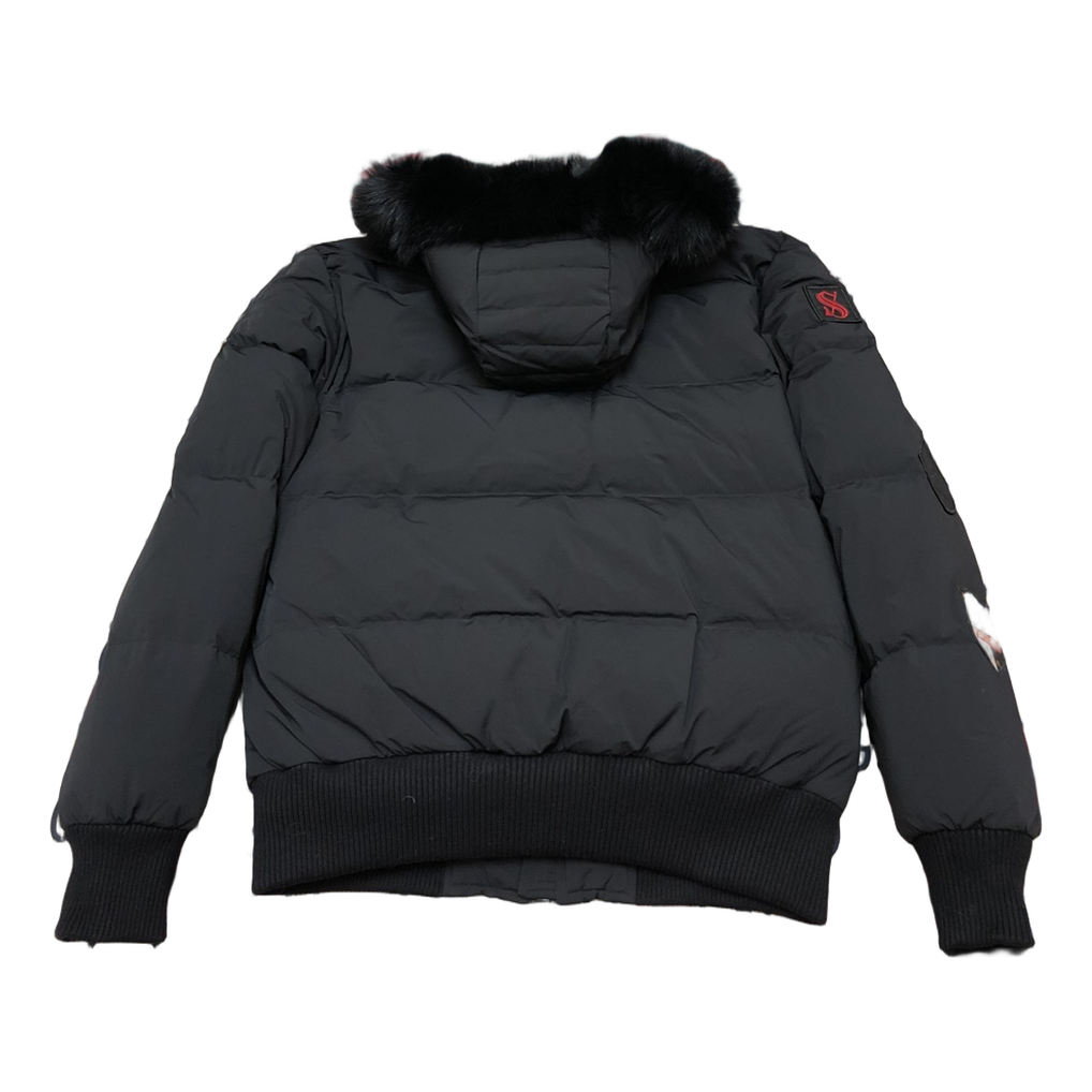 Moose Knuckles Patch-Detail Hooded Down Bomber Jacket in Black