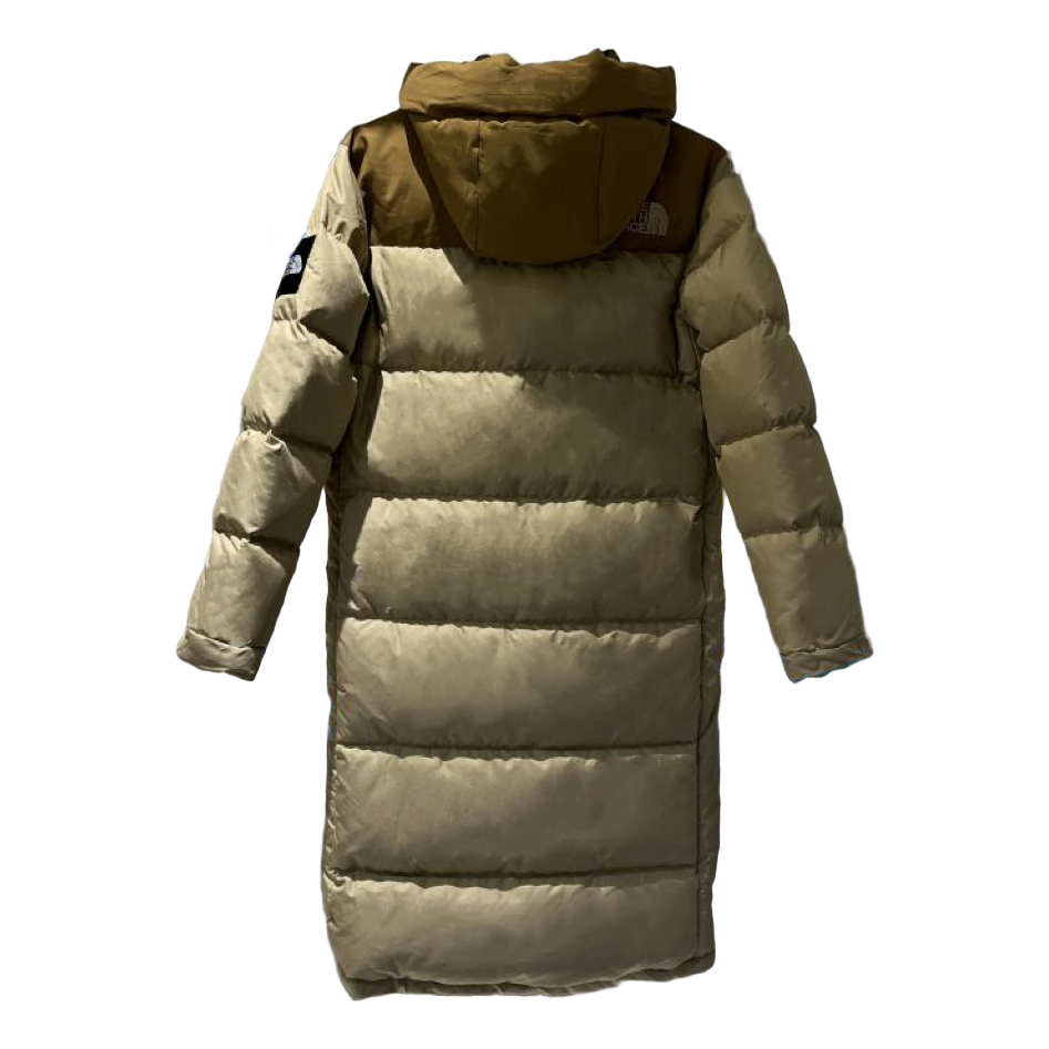 The North Face Color-Block Long Hooded Down Coat in Tan