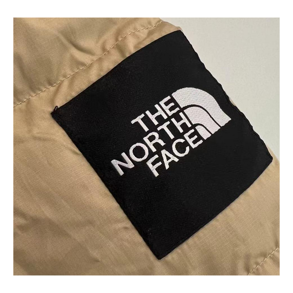 The North Face Color-Block Long Hooded Down Coat in Tan
