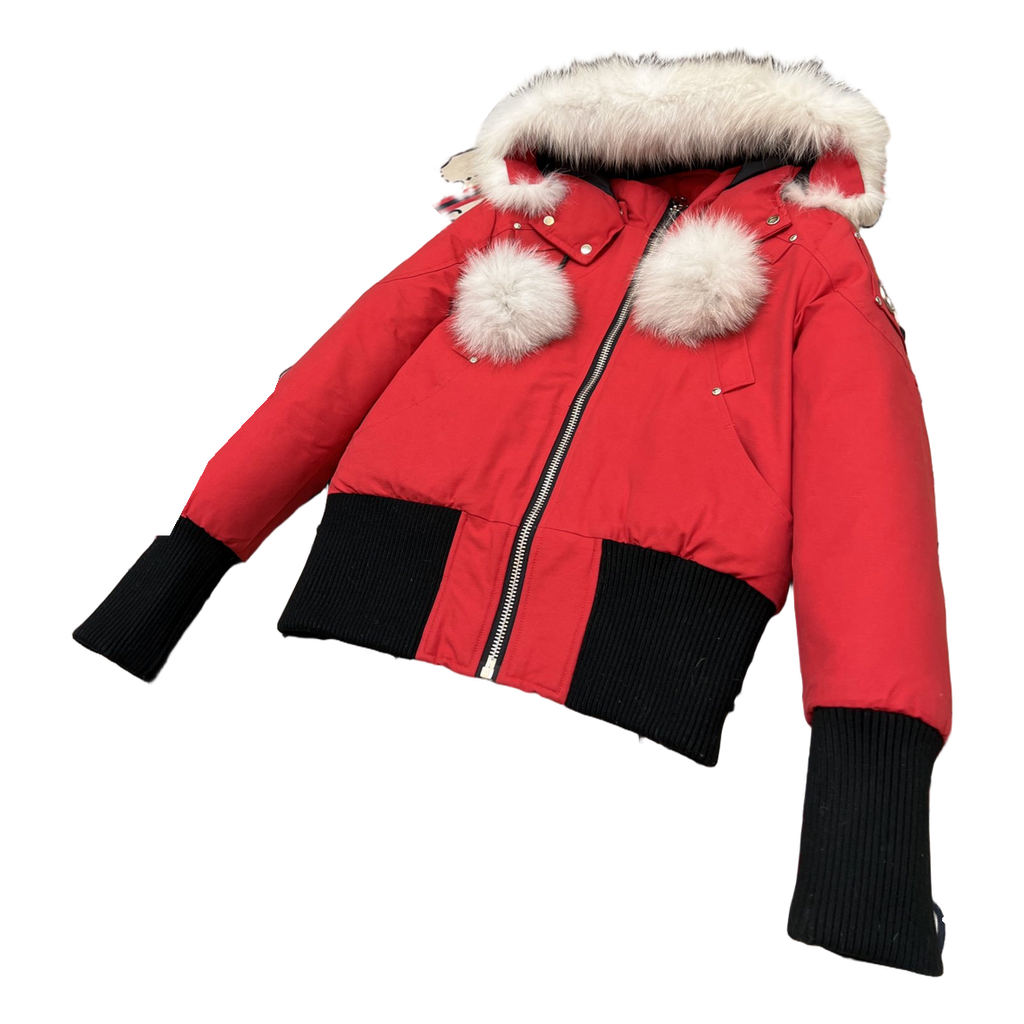 Moose Knuckles Debbie Pom-Pom Hooded Down Bomber Jacket in Red