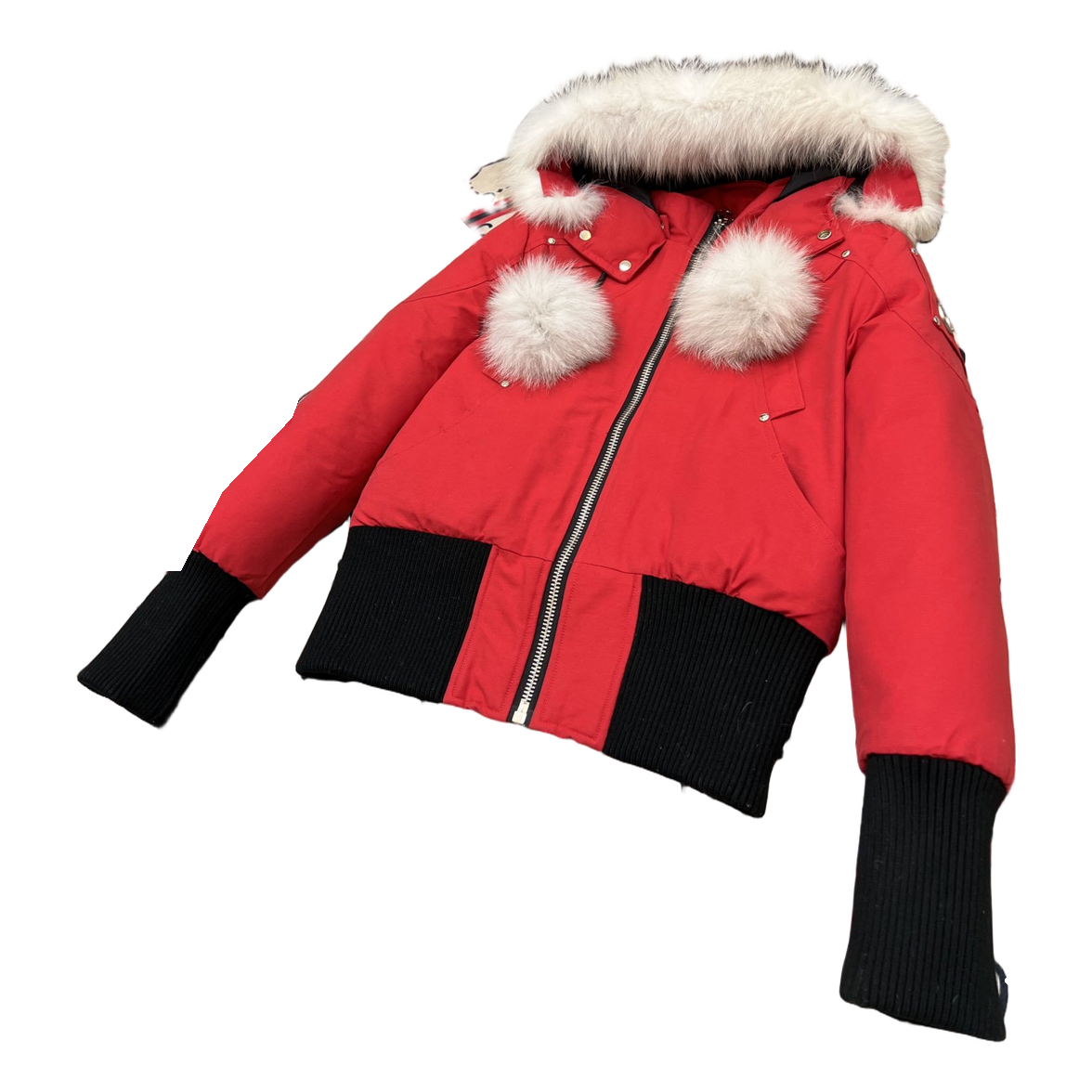 Moose Knuckles Debbie Pom-Pom Hooded Down Bomber Jacket in Red