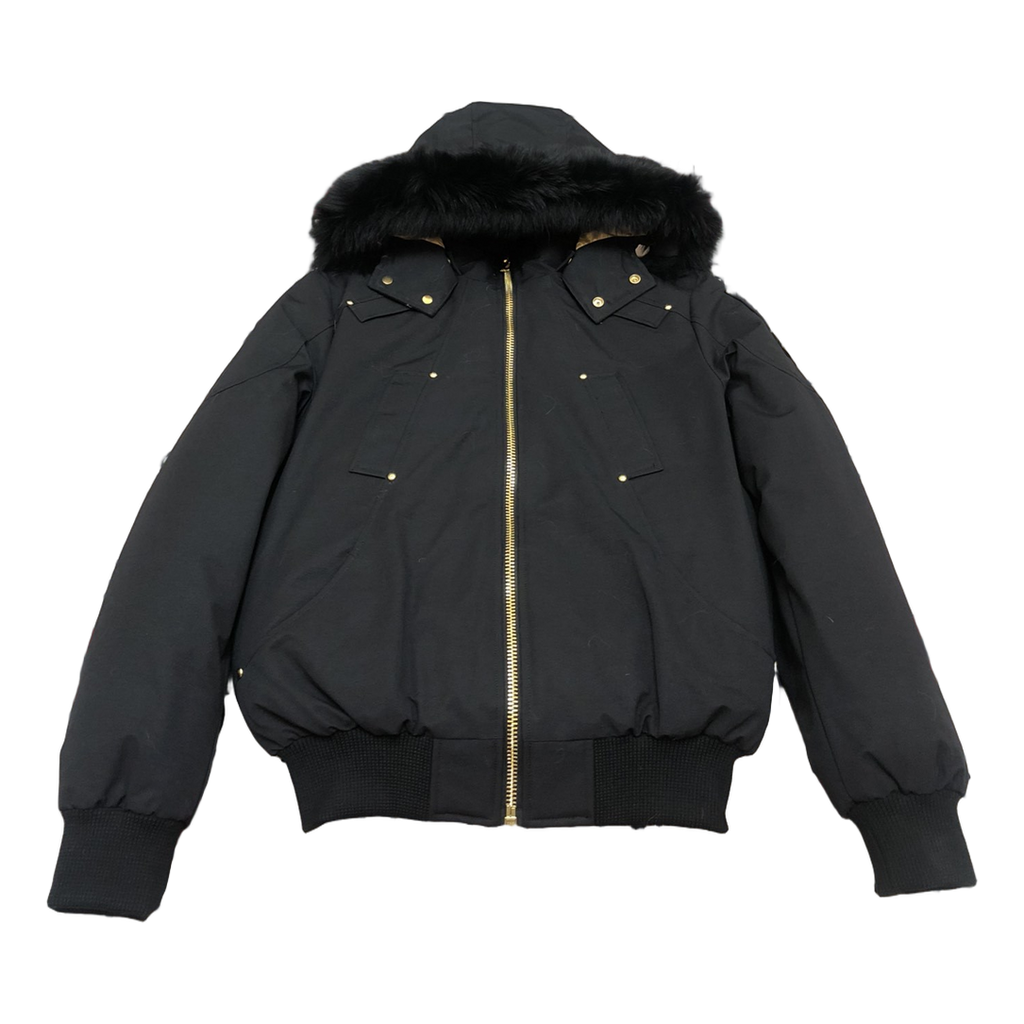 Moose Knuckles Gold Ballistic Fur-Trim Down Bomber Jacket in Black