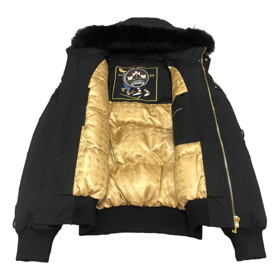 Moose Knuckles Gold Ballistic Fur-Trim Down Bomber Jacket in Black