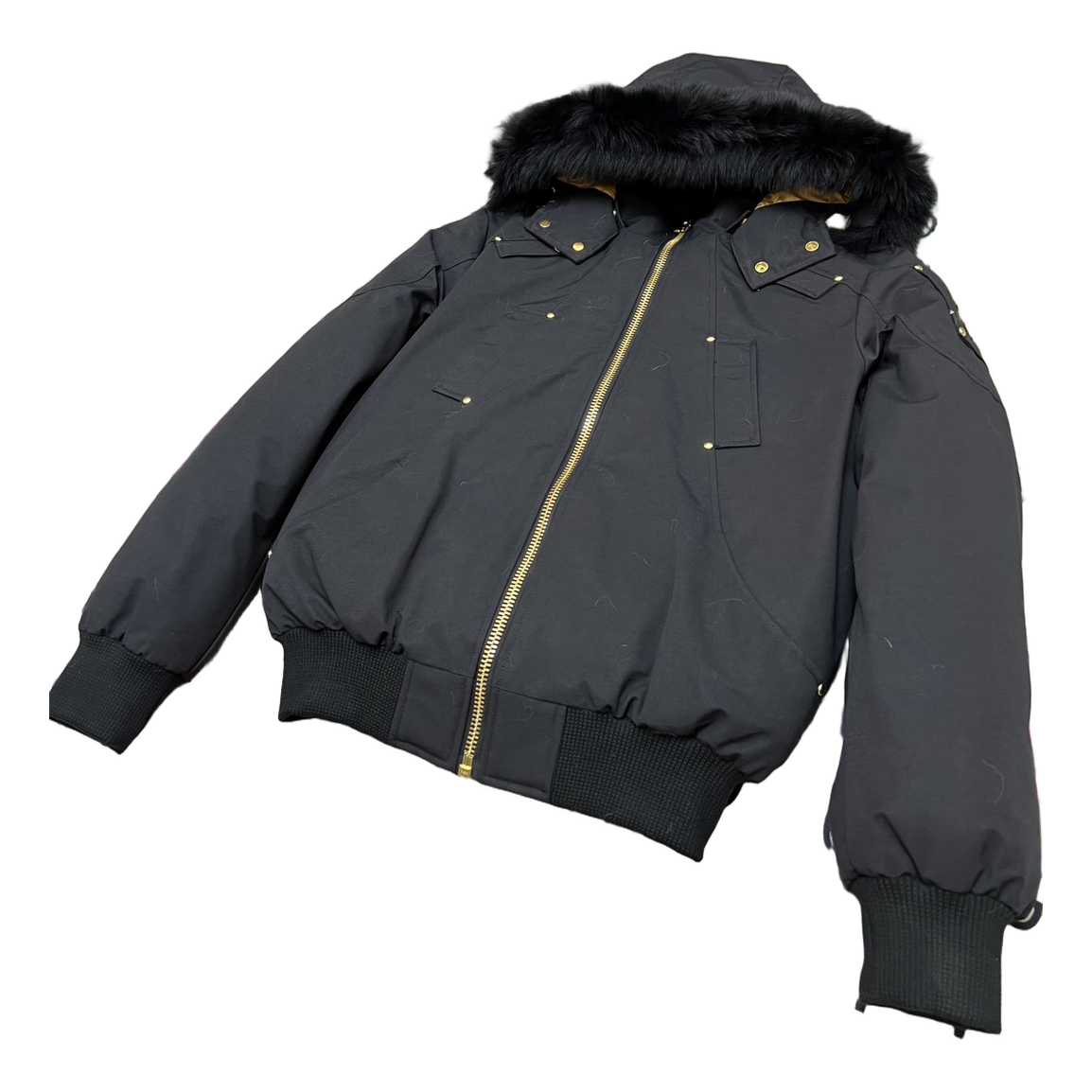 Moose Knuckles Gold Ballistic Fur-Trim Down Bomber Jacket in Black