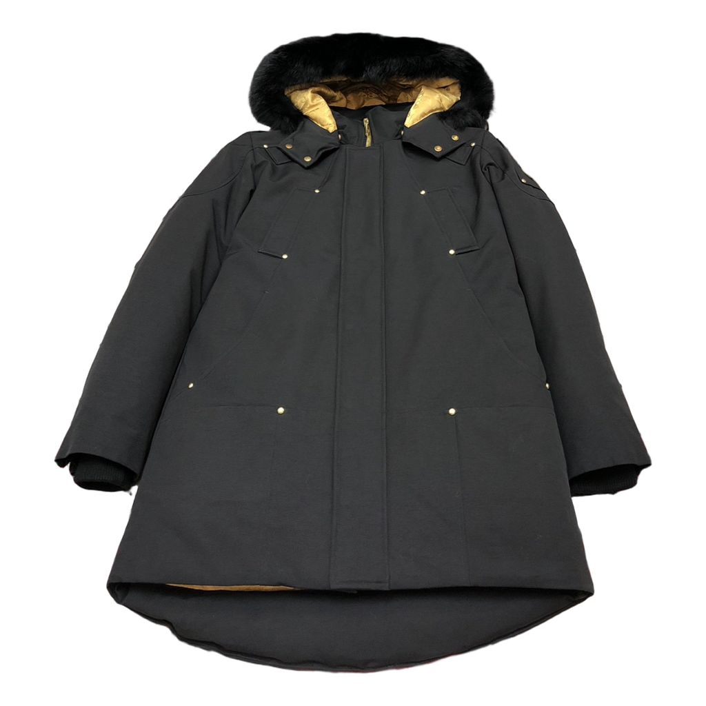 Moose Knuckles Gold-Lined Fur-Trim Long Down Parka in Black