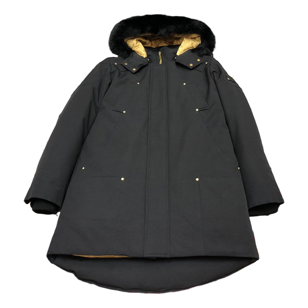 Moose Knuckles Gold-Lined Fur-Trim Long Down Parka in Black