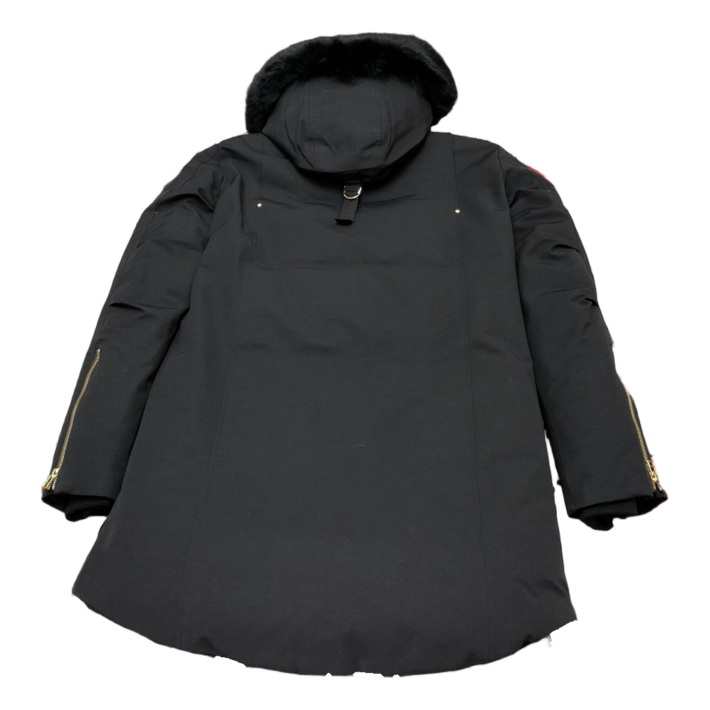 Moose Knuckles Gold-Lined Fur-Trim Long Down Parka in Black