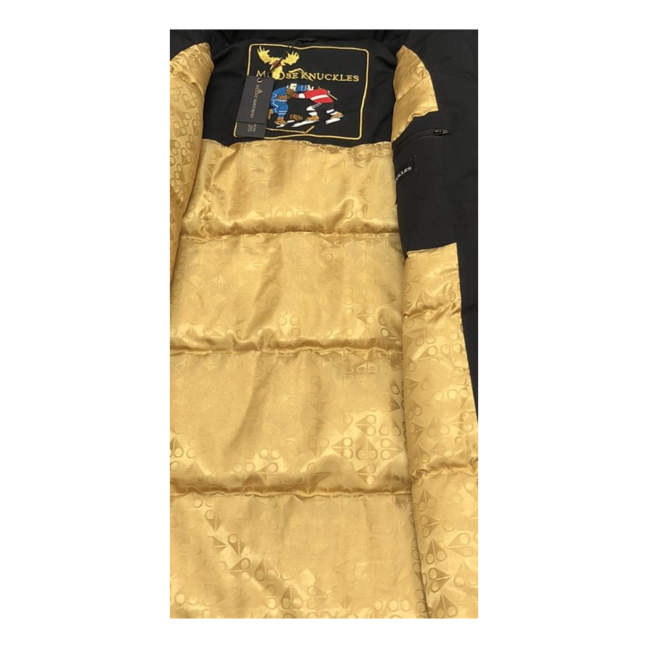 Moose Knuckles Gold-Lined Fur-Trim Long Down Parka in Black