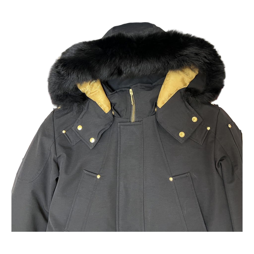Moose Knuckles Gold-Lined Fur-Trim Long Down Parka in Black